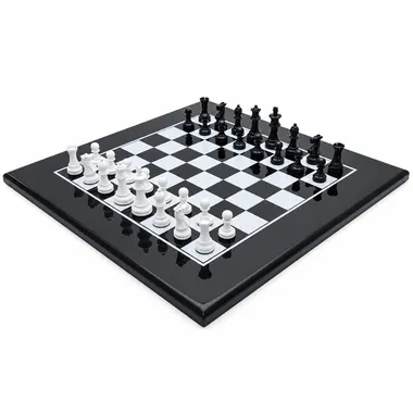 Two-tone black and white chess set, full view on the board