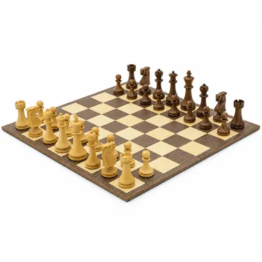 Complete chess set with golden rosewood pieces on a foldable walnut and maple board