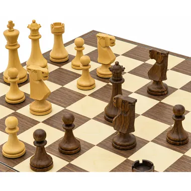 Close-up detail of the knights and queen on the walnut and maple board