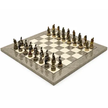 Complete Dark Fantasy chess set on grey ash wood board, overall view