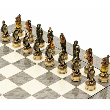 Dark Fantasy resin chess pieces, detail of skeletal and hooded figures