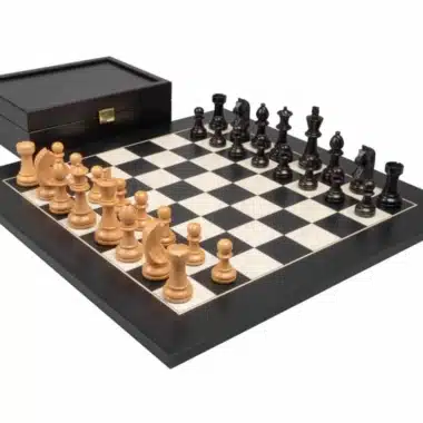 Knight Design Set: Black Poplar and White Maple Wood Chess Board & Ebonised Boxwood Chess Set with Storage Box
