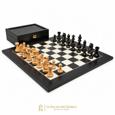 Complete Knight Design chess set arranged on the board in front of the open box