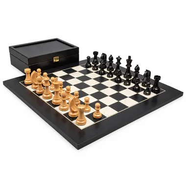 Complete Knight Design chess set arranged on the board in front of the open box