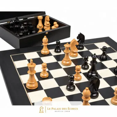 Open storage box with the ebonised boxwood pieces stored inside