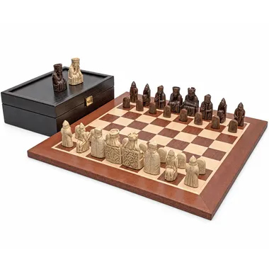 Complete Isle of Lewis chess set with mahogany board and storage box