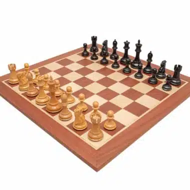 Abbey Set Mahogany and Maple Wood Chess Board and Boxwood and Ebonised Boxwood Chess Set