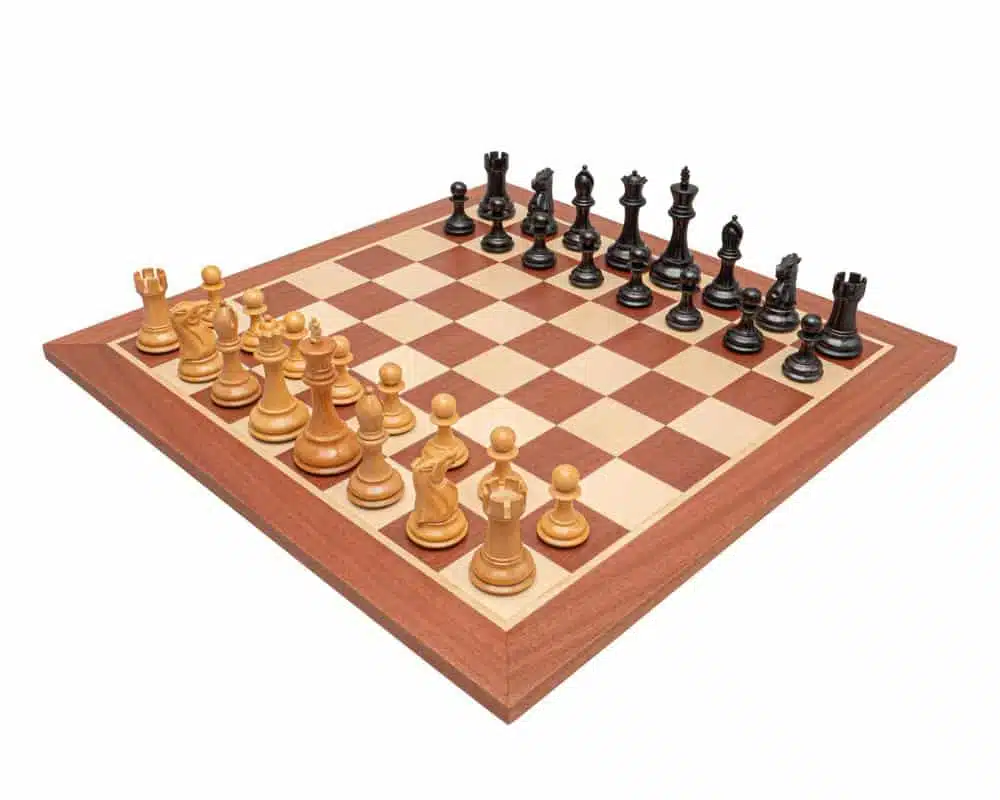 Abbey Set Mahogany and Maple Wood Chess Board and Boxwood and Ebonised Boxwood Chess Set