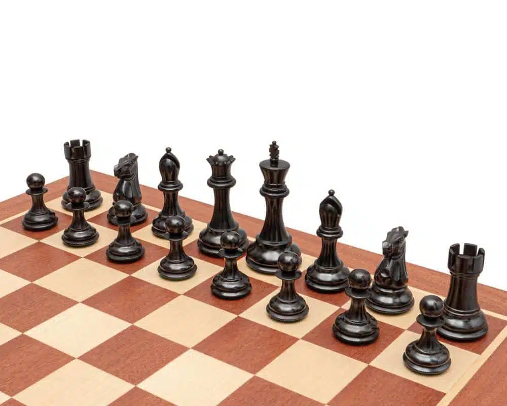 Abbey Set Mahogany and Maple Wood Chess Board and Boxwood and Ebonised Boxwood Chess Set - Image 3