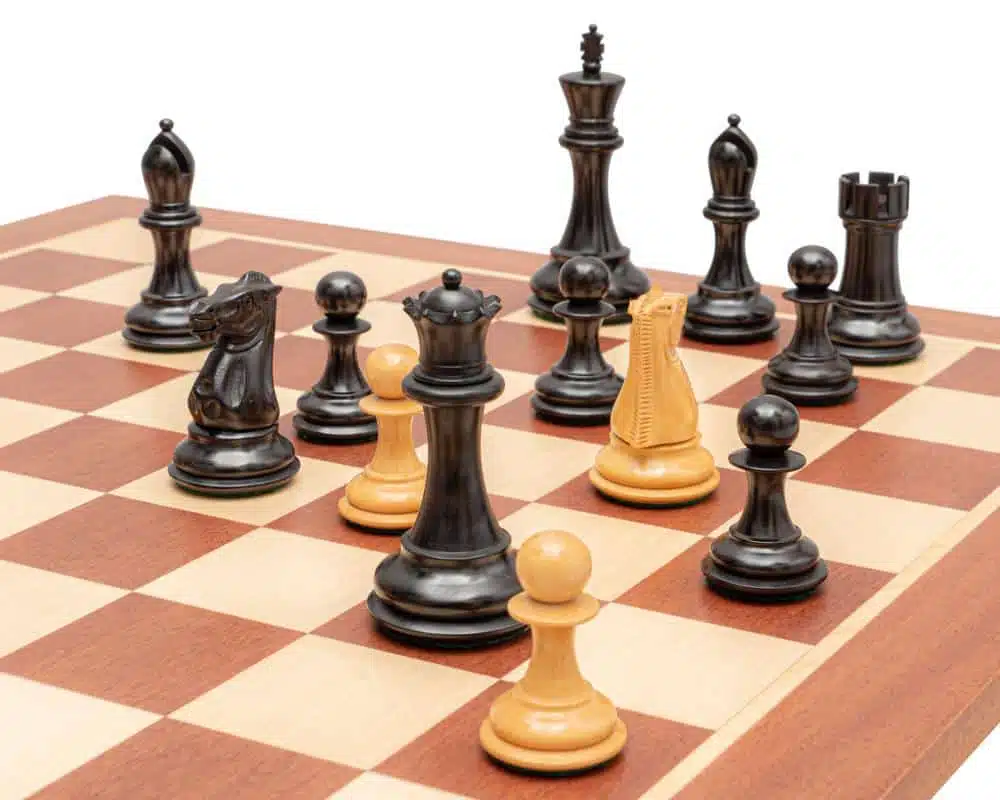 Abbey Set Mahogany and Maple Wood Chess Board and Boxwood and Ebonised Boxwood Chess Set - Image 2