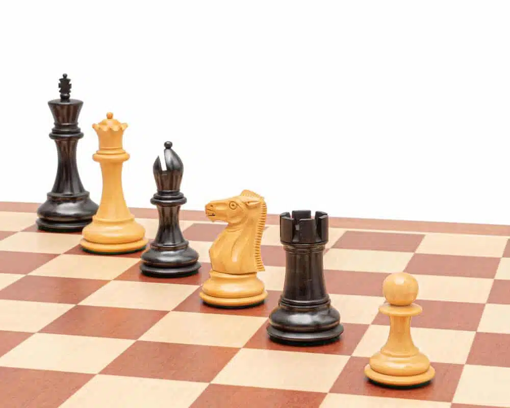 Abbey Set Mahogany and Maple Wood Chess Board and Boxwood and Ebonised Boxwood Chess Set - Image 5