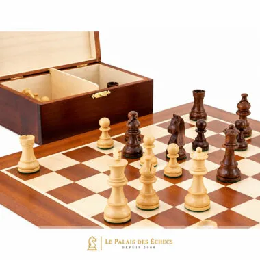 Open birchwood storage box beside the pieces set up on the chess board
