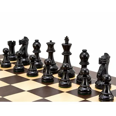 Black pieces of the Frankfurt set lined up on the wenge chess board