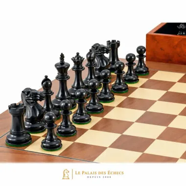 Rangée de pièces noires ébonisées alignées sur l'échiquier avec coffret en arrière-plan