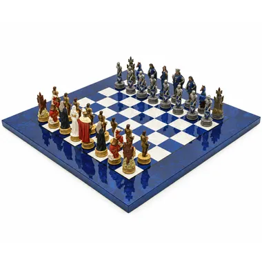 Complete Camelot King Arthur VIII chess set on blue and white wooden board