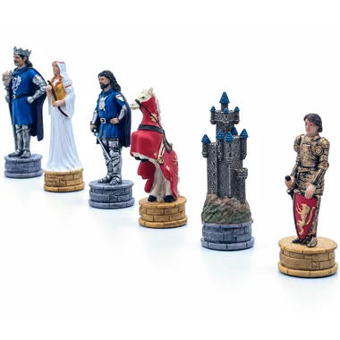 Close-up of Camelot pieces: queen, knight, horse and castle rook on the board