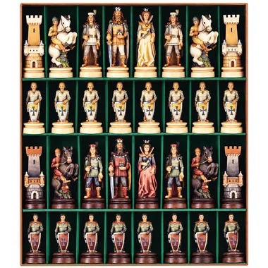 "Bergamo Shield Front Oil-Painted" Chess Set in Traditionally Carved Solid Alpine Wood