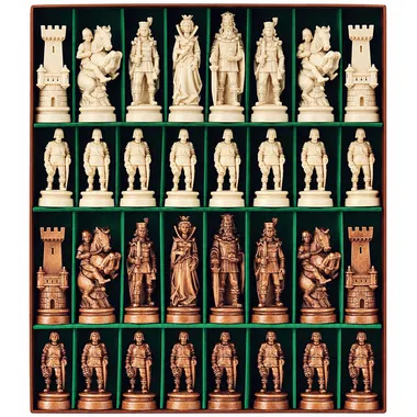 Complete Bergamo chess set, burnished and polished carved pieces on green board