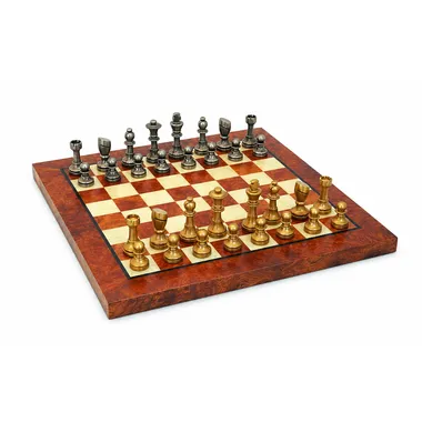 Complete Piccolo chess set with solid brass pieces on a briarwood chess board