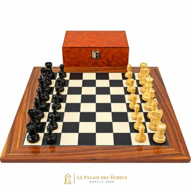 Supreme II chess set viewed from the front with the burr wood veneer box behind