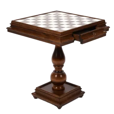 Luxury Chess Table with Storage Drawer in Beech Wood and Carrara Marble and Tuscan Alabaster Playing Surface