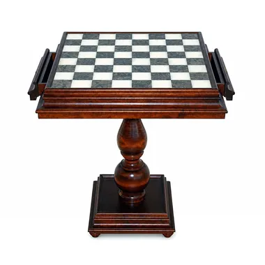 Luxury beech chess table with Carrara marble and alabaster board, overall view