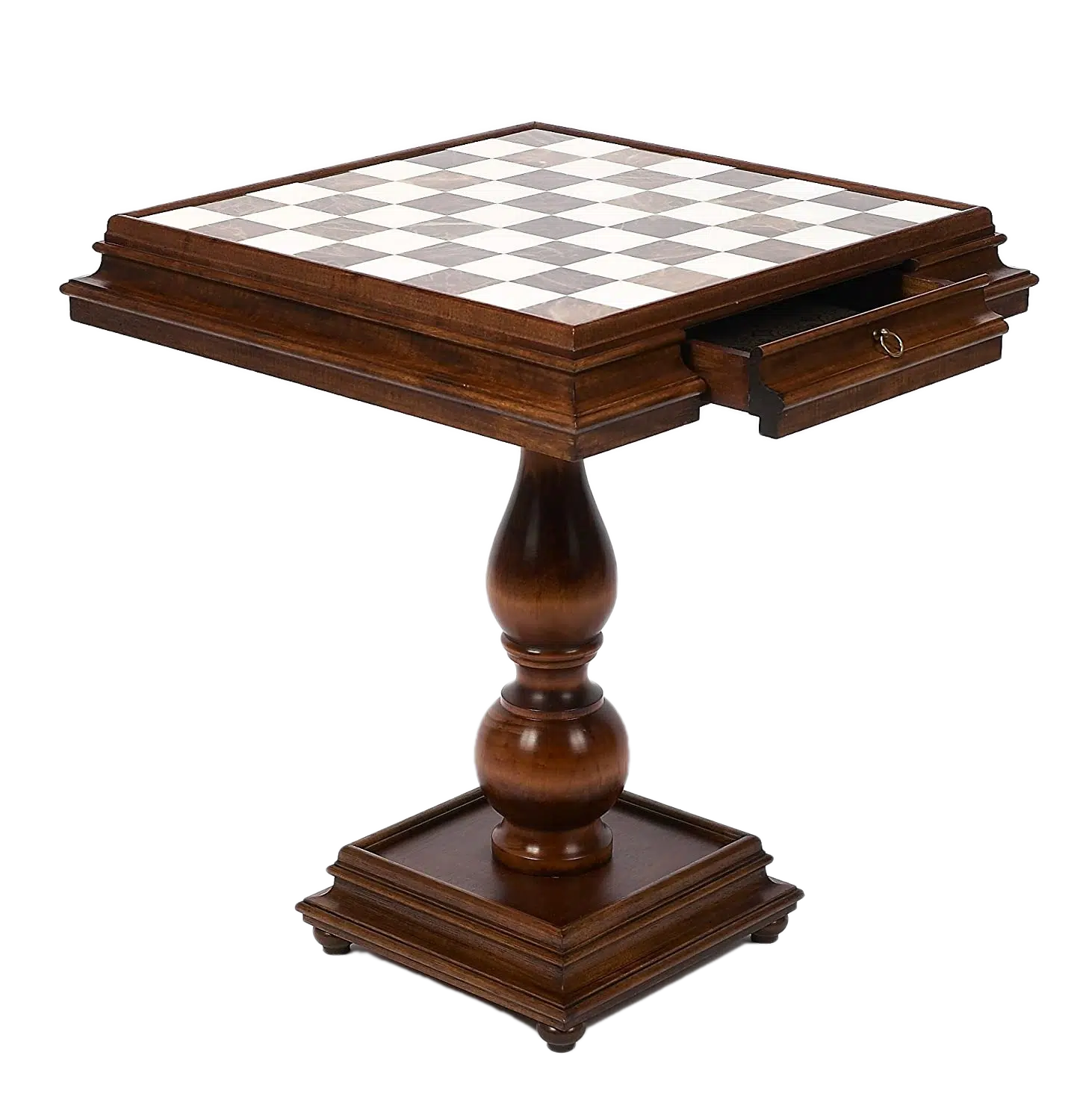 Luxury Chess Table with Storage Drawer in Beech Wood and Carrara Marble and Tuscan Alabaster Playing Surface