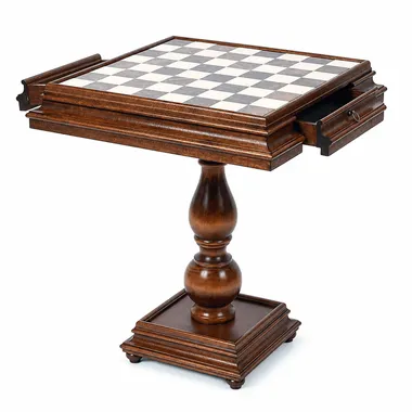 Luxury beech chess table with open storage drawer, side view