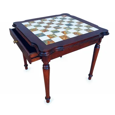"Luxe II" Table in Solid Wood with Onyx, Tuscan Alabaster and Carrara Marble Top