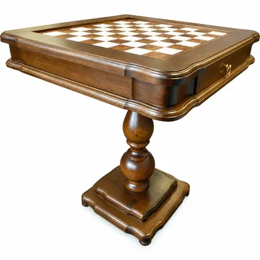 Classic chess table on a turned wooden pedestal base, overall view