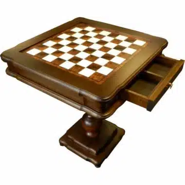 Chess table with open storage drawer showing compartments