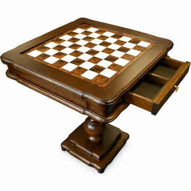 Chess table with open storage drawer showing compartments