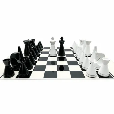Black and white conical pieces lined up facing each other on the lacquered board