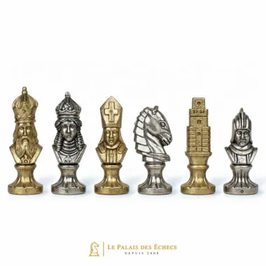 Moncada chess pieces: king, bishop, knight and rook in silver and gold metal