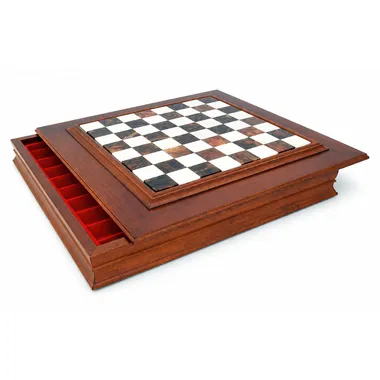 Chess Board in Solid Wood with Alabaster Top and Storage Compartment