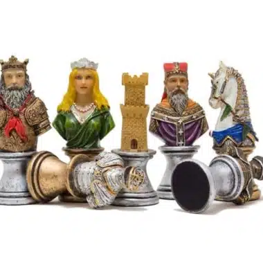 Medieval Bust V chess pieces, king, queen, rook and knight side by side