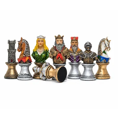 Medieval Bust V chess pieces, close-up of royal busts and sculpted knights