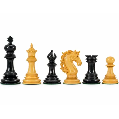Constantine chess set in ebony wood, pieces lined up against a white background