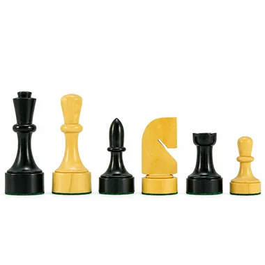 Contemporary chess pieces in ebonised and natural boxwood, lined up view