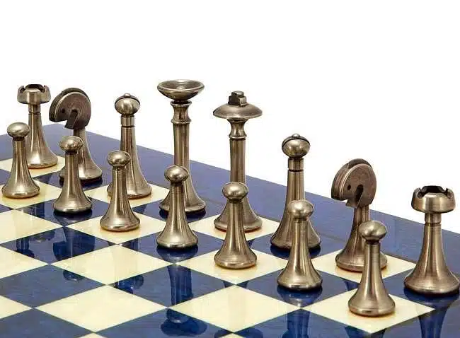 Contemporary Blue Set – Maple Wood Chess Board & Solid Brass Chess Set - Image 4