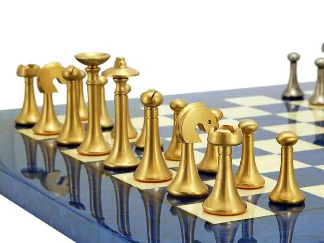 Contemporary Blue Set – Maple Wood Chess Board & Solid Brass Chess Set - Image 3