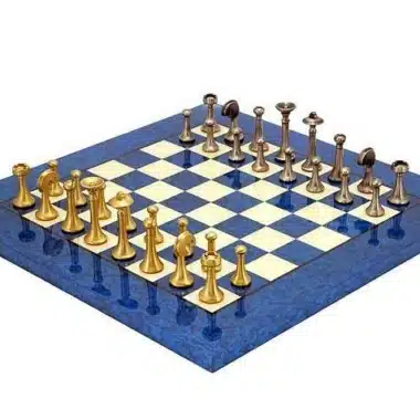 Contemporary Blue Set – Maple Wood Chess Board & Solid Brass Chess Set