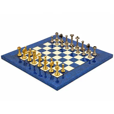 Complete chess set with blue maple board and solid brass pieces