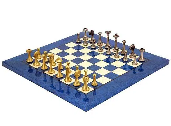 Contemporary Blue Set – Maple Wood Chess Board & Solid Brass Chess Set