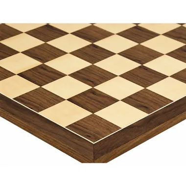 Chess board in walnut and maple wood, angled detail of the squares