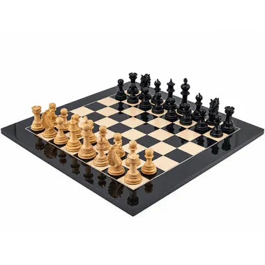 Complete Constantine chess set: ebony pieces on lacquered maple chess board