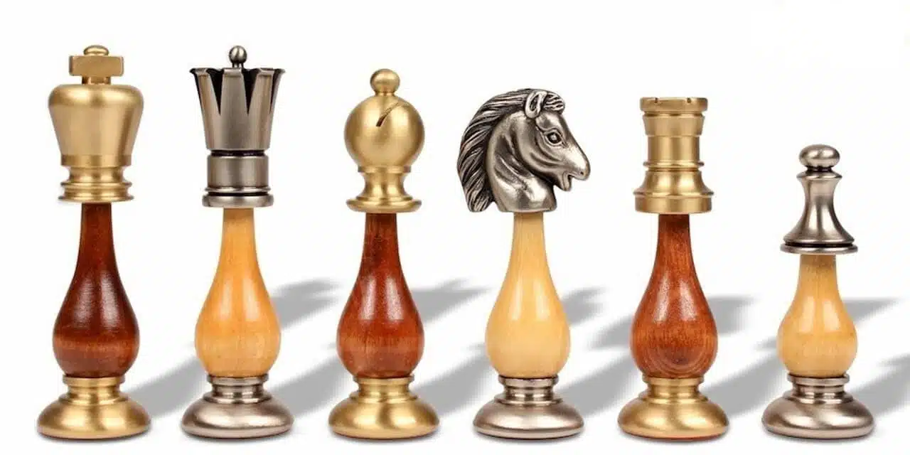 Oriental Elm Set – Standing Chess Board in Elm Wood with Storage Drawer & Chess Set in Solid Wood and Brass - Image 10