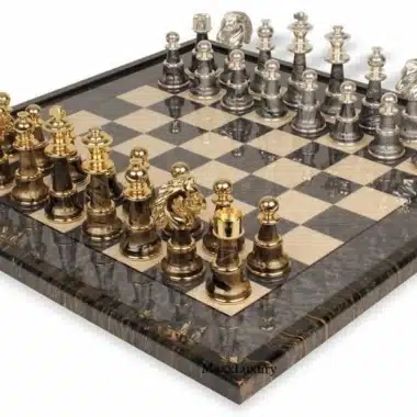 Staunton Fantasy XL Set – Green Maple Wood Chess Board & Brass and Gold/Silver-Plated Wood Chess Pieces