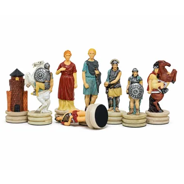 Romans vs Greeks chess pieces with fortified tower and fallen pawn