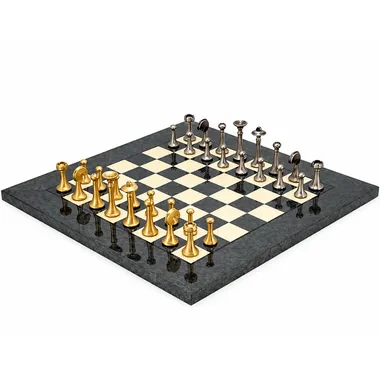 Complete chess set, solid brass pieces on grey maple chessboard